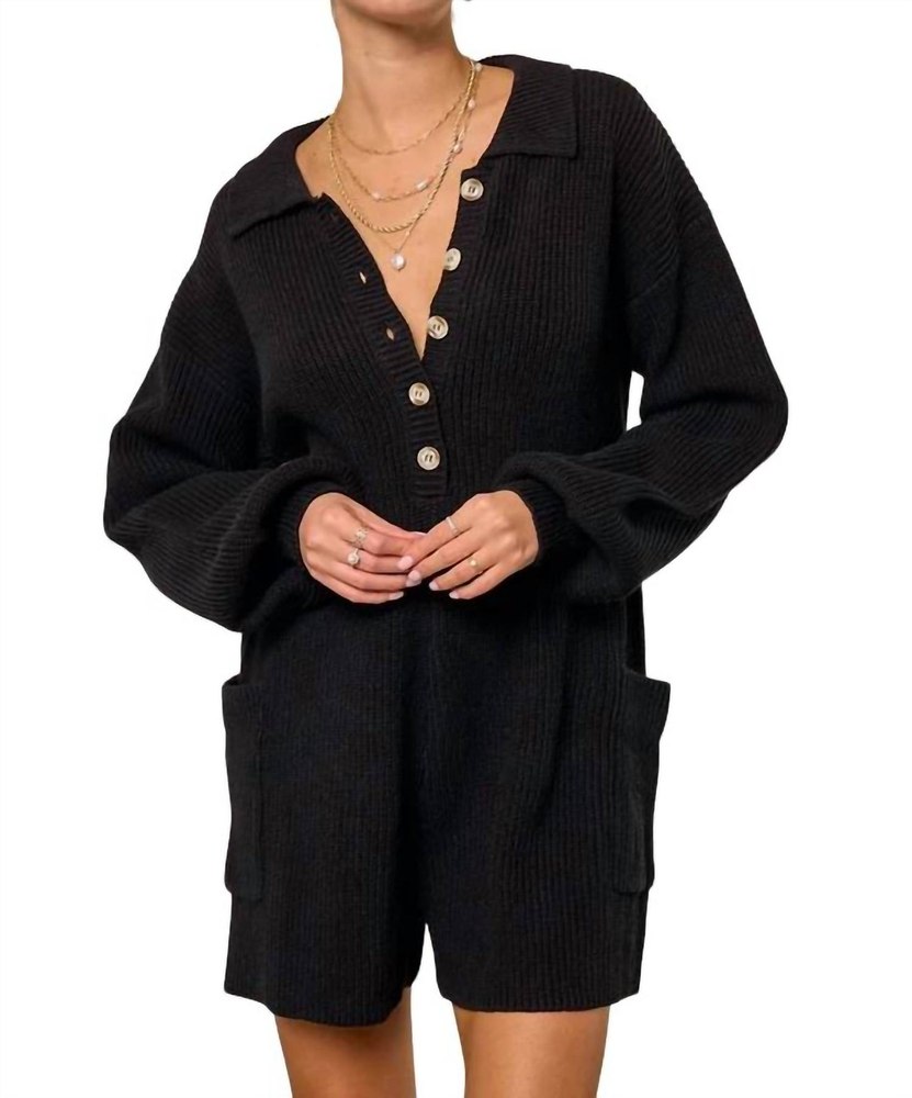 Buttoned Sweater Knit Romper In Black 7732455178300