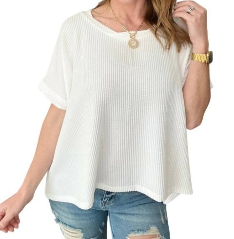 Textured Line Twisted Short Sleeve Top In Off White 7732456620092