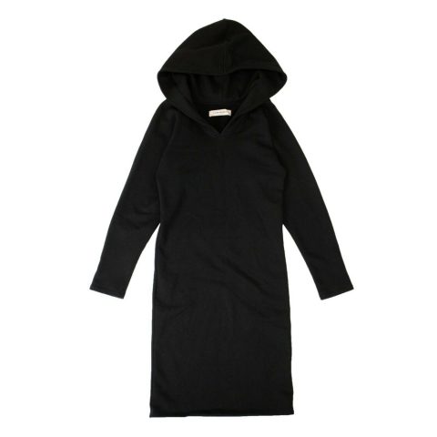 Women’s Black Cotton Long Sleeve Hooded Midi Dress