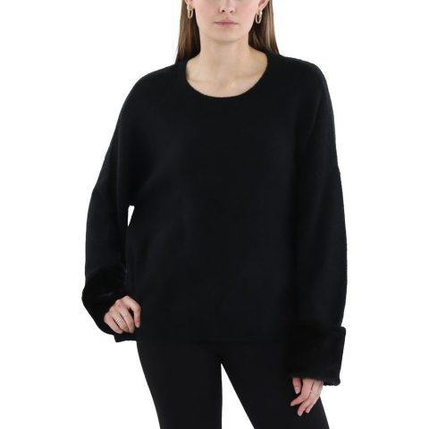 Pleated Faux Fur Cuffs Crewneck Sweater