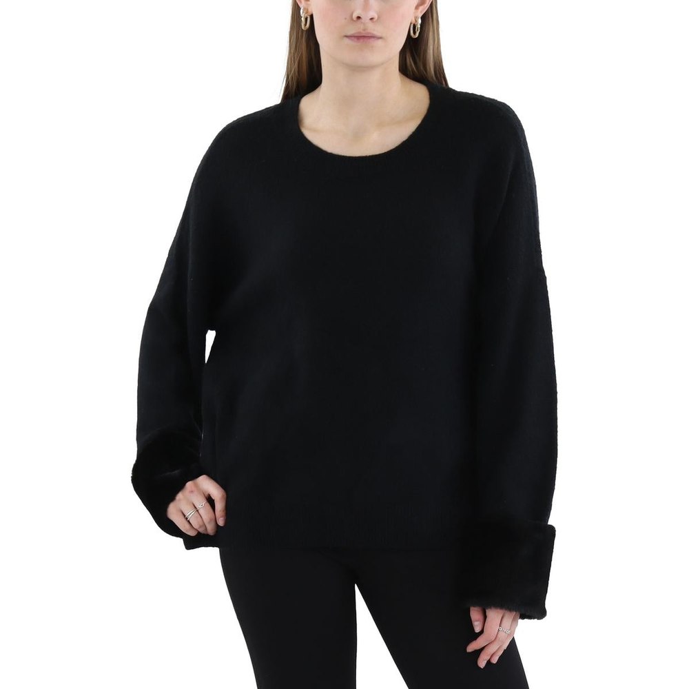Pleated Faux Fur Cuffs Crewneck Sweater