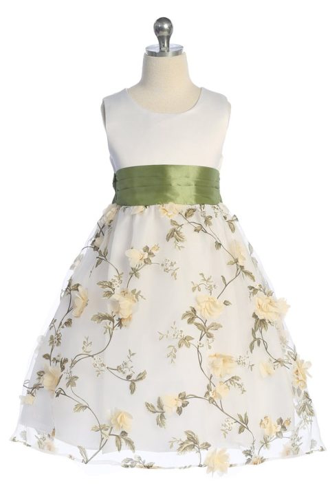 Girls Elegant Floral Embroidered Dress with Sash 2-12