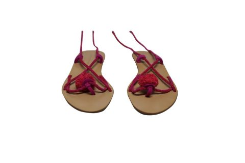 Loeffler Randall Lace Up Pompom Sandals in Brown Leather