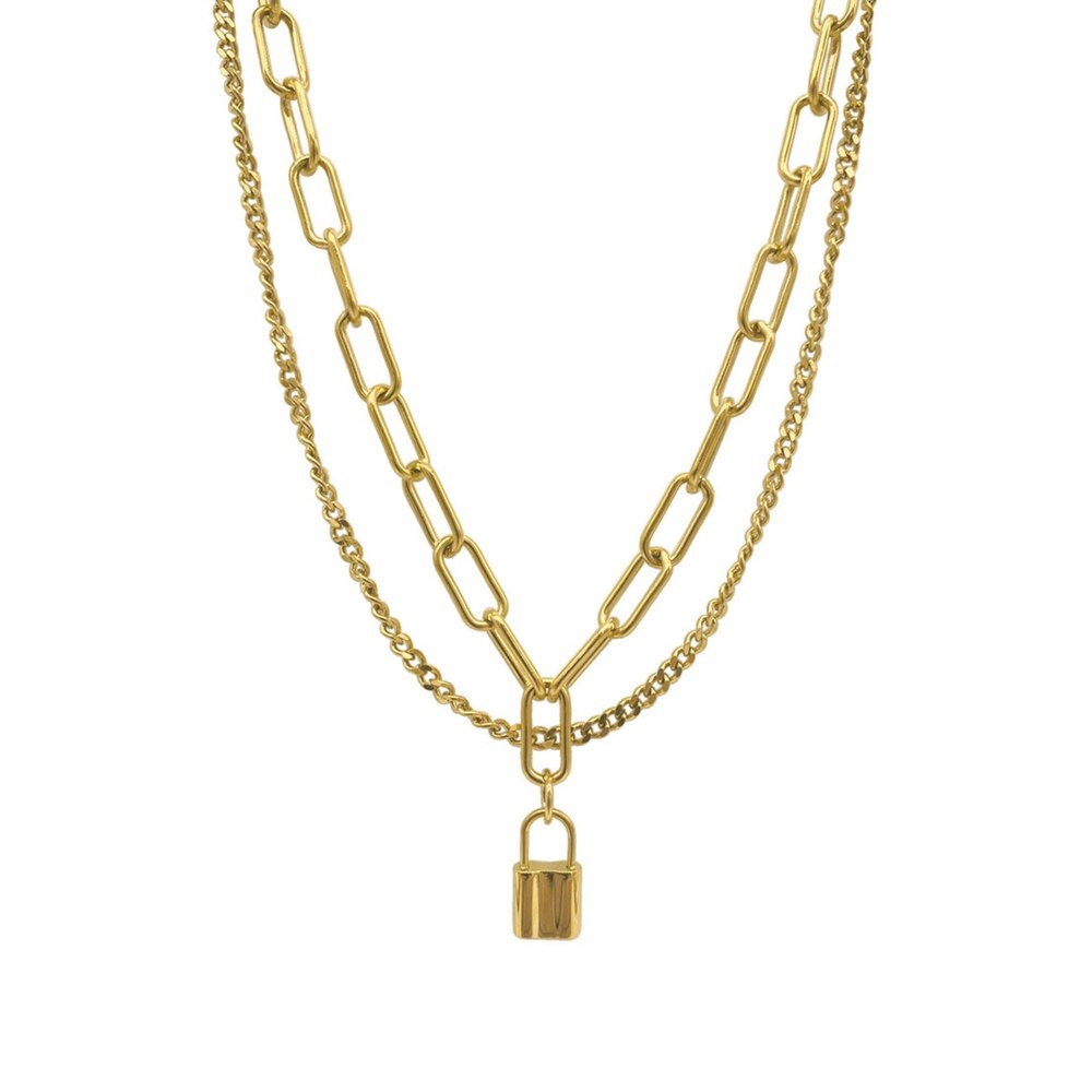 Tarnish Resistant 14k Gold Plated Layered Curb and Paper Clip Chain Lock Necklace