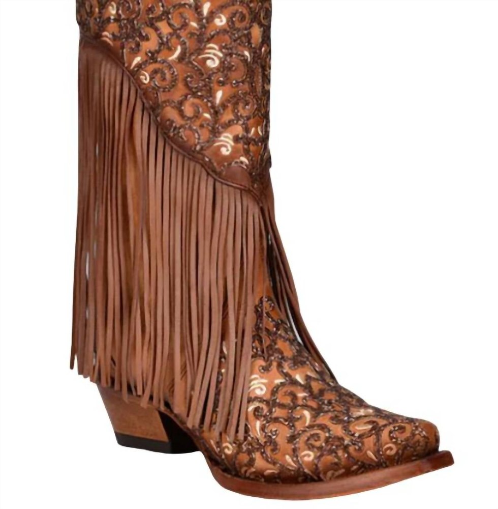Women’s Overlay White Embroidery Lamb Fringe Snip Toe Cowboy Boot In Honey
