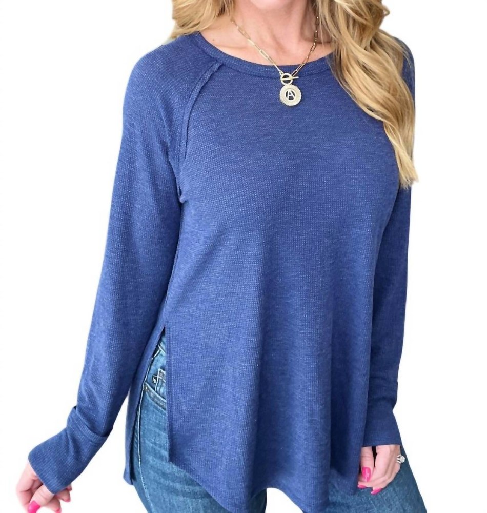 Melange Baby Waffle Long Sleeve Top In Light Navy 7732469497916