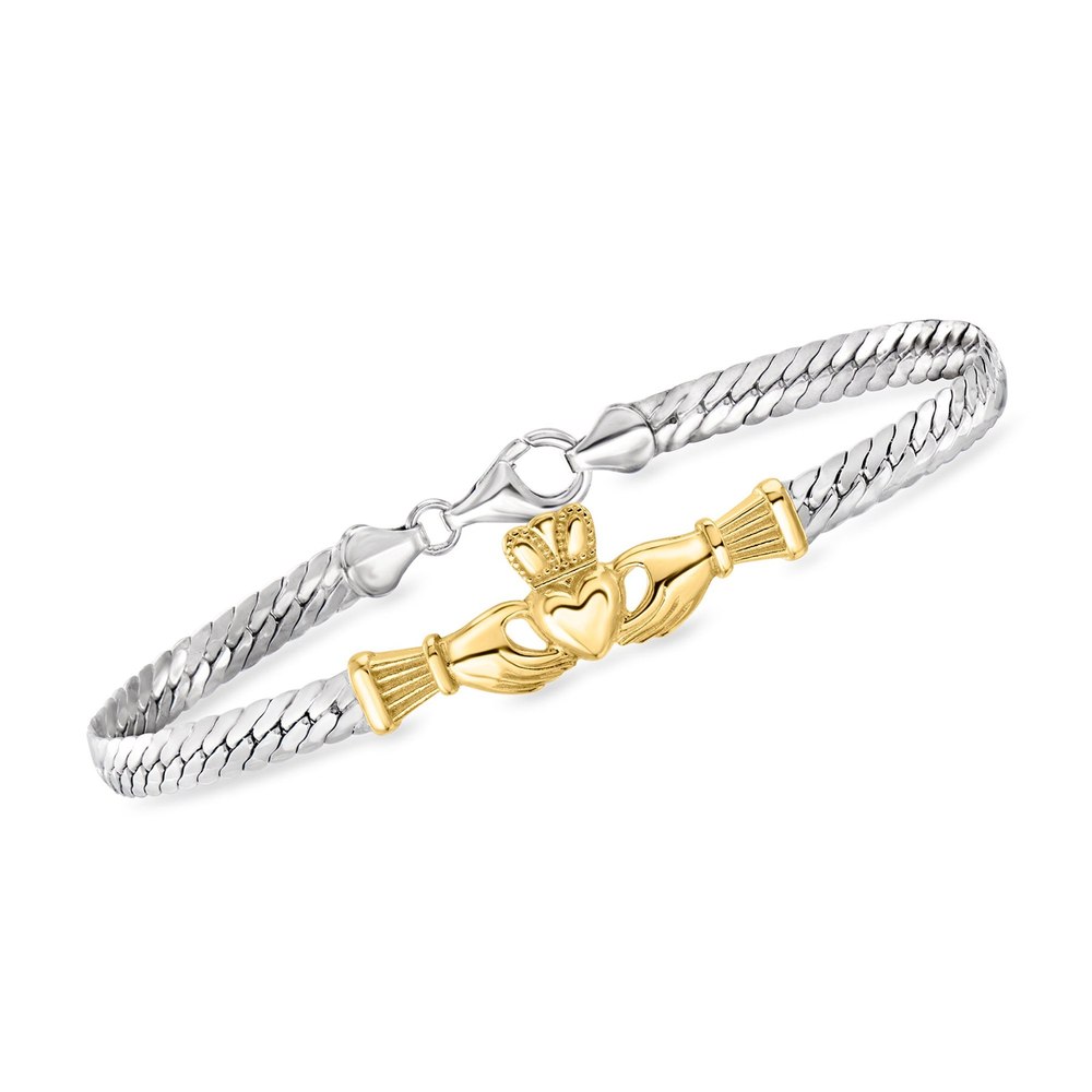 Ross-Simons Sterling Silver and 18kt Gold Over Sterling Claddagh Cuban-Link Bracelet