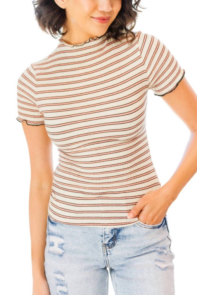 Nostalgic Note Striped Mock Neck Top In Beige 7732476411964