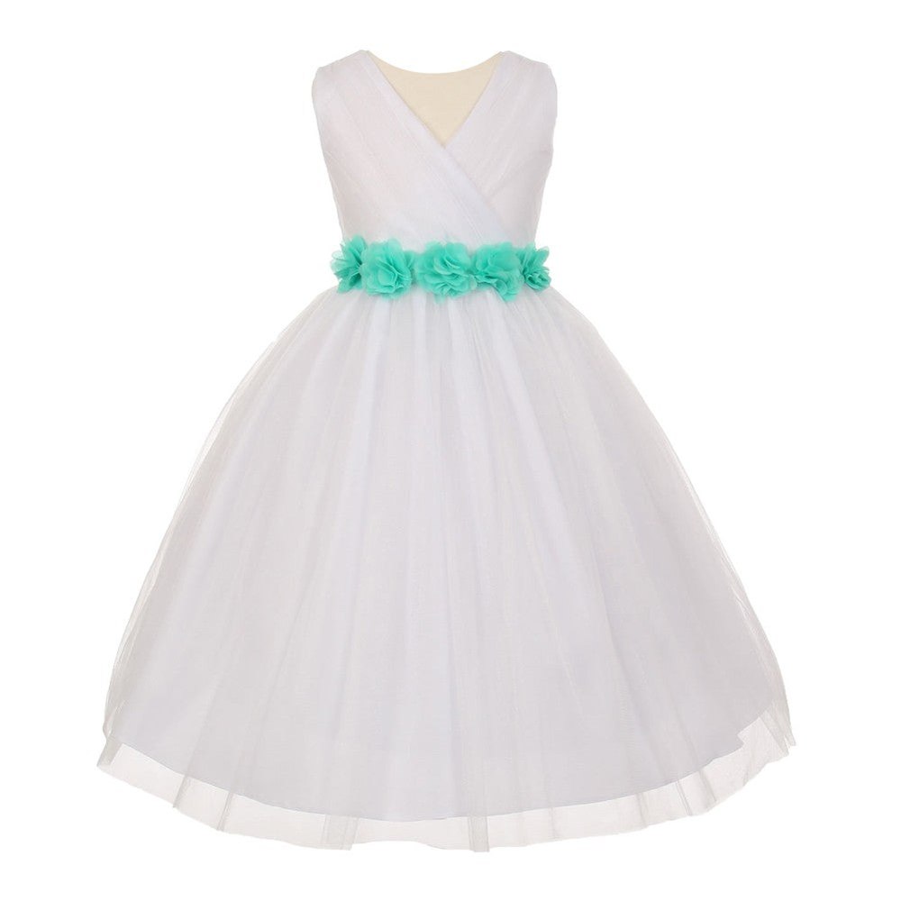 Big Girls White Aqua Chiffon Flowers Tulle Junior Bridesmaid Dress 8-14