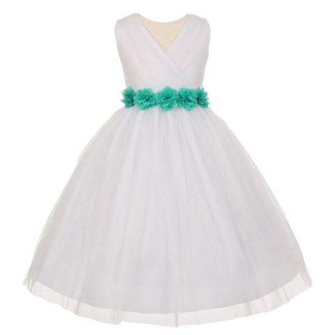 Little Girls White Jade Chiffon Floral Sash Tulle Flower Girl Dress 2-6