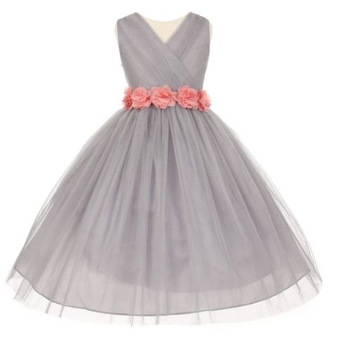 Big Girls Silver Pink Chiffon Flowers Tulle Junior Bridesmaid Dress 8-14