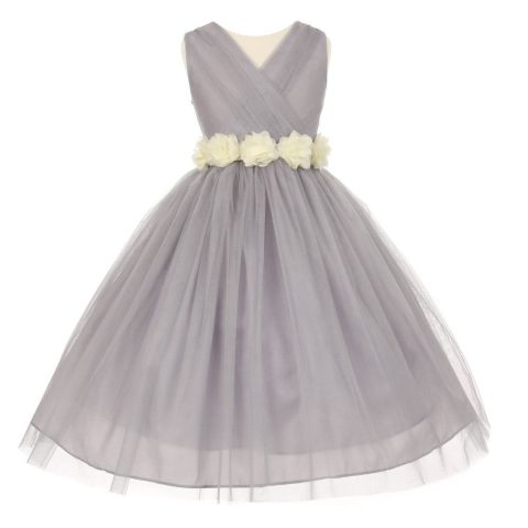 Big Girls Silver Ivory Chiffon Flowers Tulle Junior Bridesmaid Dress 8-14