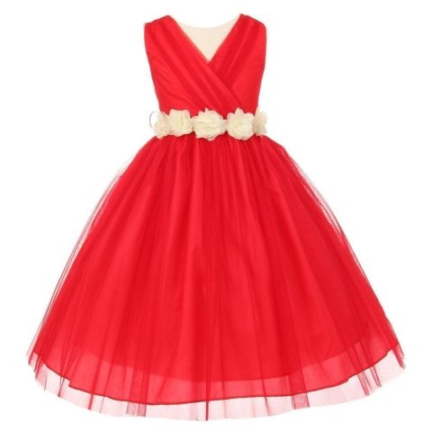 Little Girls Red Ivory Chiffon Floral Sash Tulle Flower Girl Dress 2-6