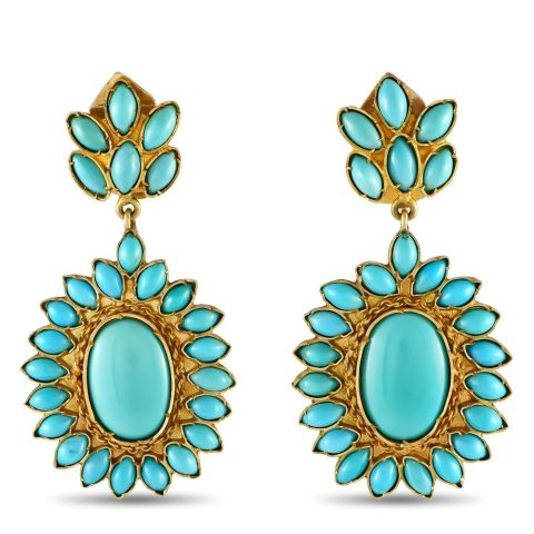 LB Exclusive Vintage 18K Yellow Gold Turquoise Flower Clip-On Drop Earrings MF02-090424