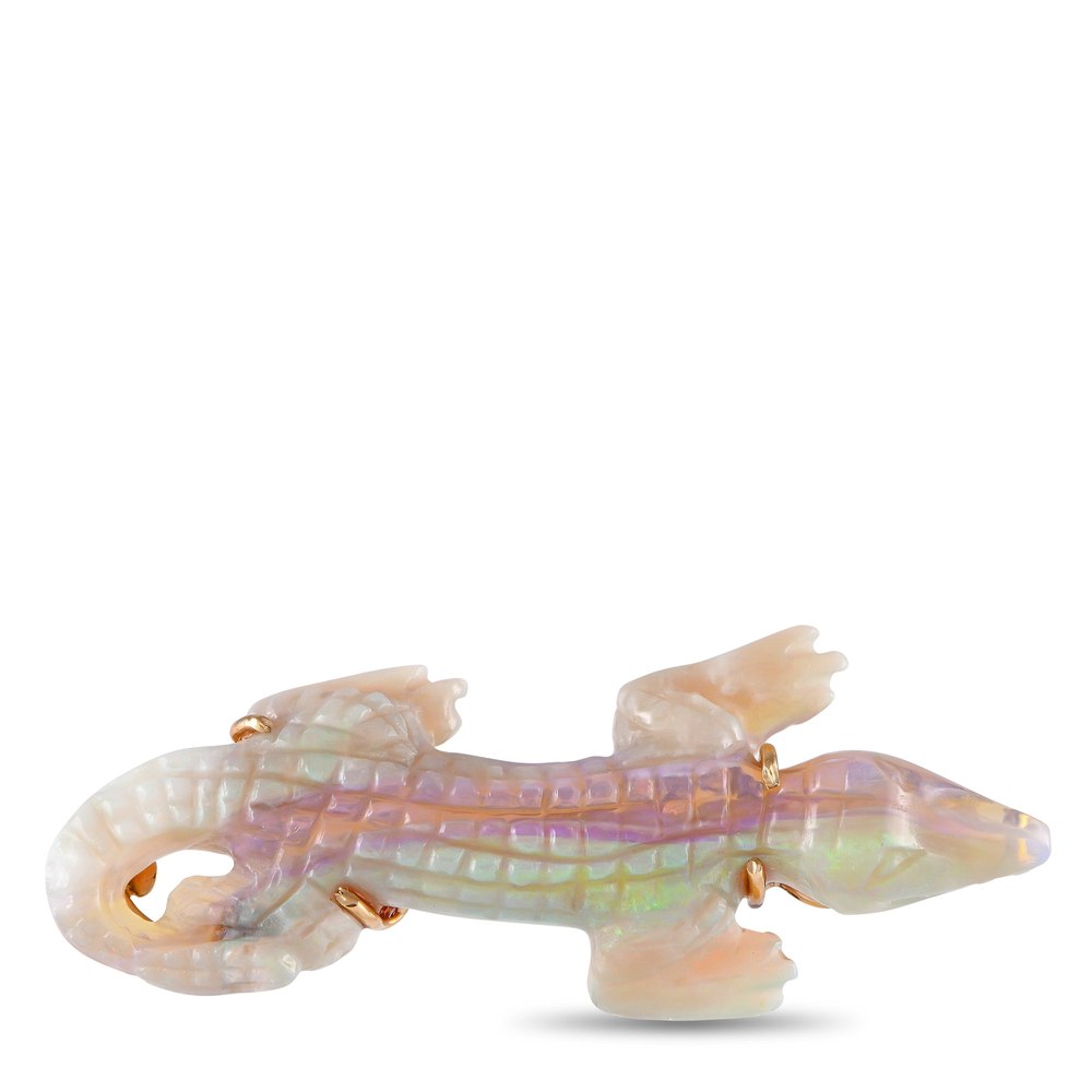 LB Exclusive 14K Yellow Gold Carved Opal Crocodile Brooch MF04-090424
