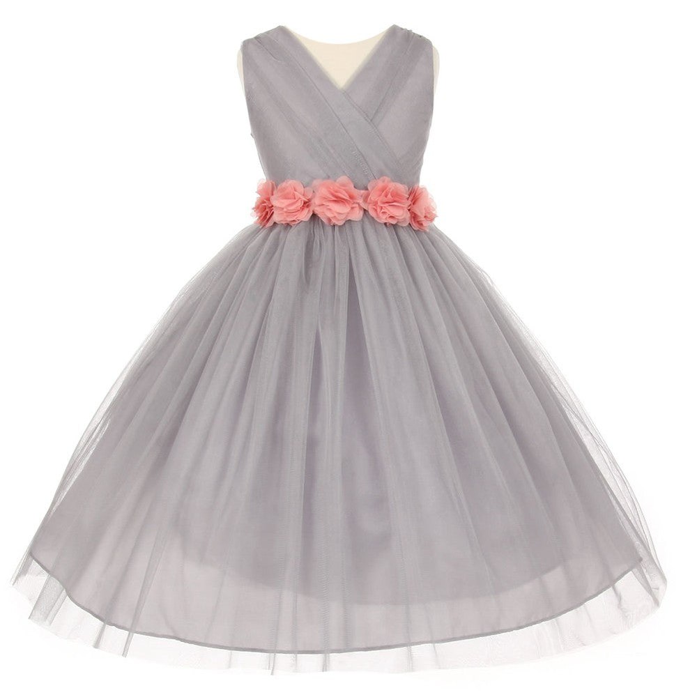 Little Girls Silver Pink Chiffon Floral Sash Tulle Flower Girl Dress 2-6