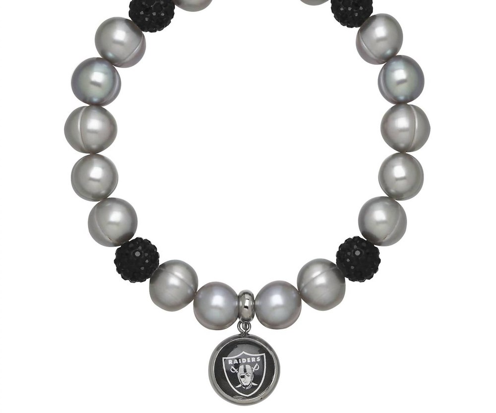 Oakland Raiders Stretch Pearl & Crystal Bracelet In Grey 7732495188028