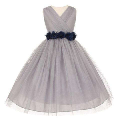 Little Girls Silver Navy Chiffon Floral Sash Tulle Flower Girl Dress 2-6