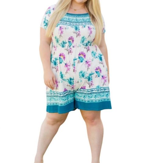Little Boho Moment Floral Romper In White/teal 7732497481788