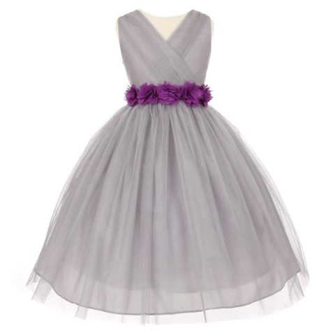 Big Girls Silver Purple Chiffon Flowers Tulle Junior Bridesmaid Dress 8-14