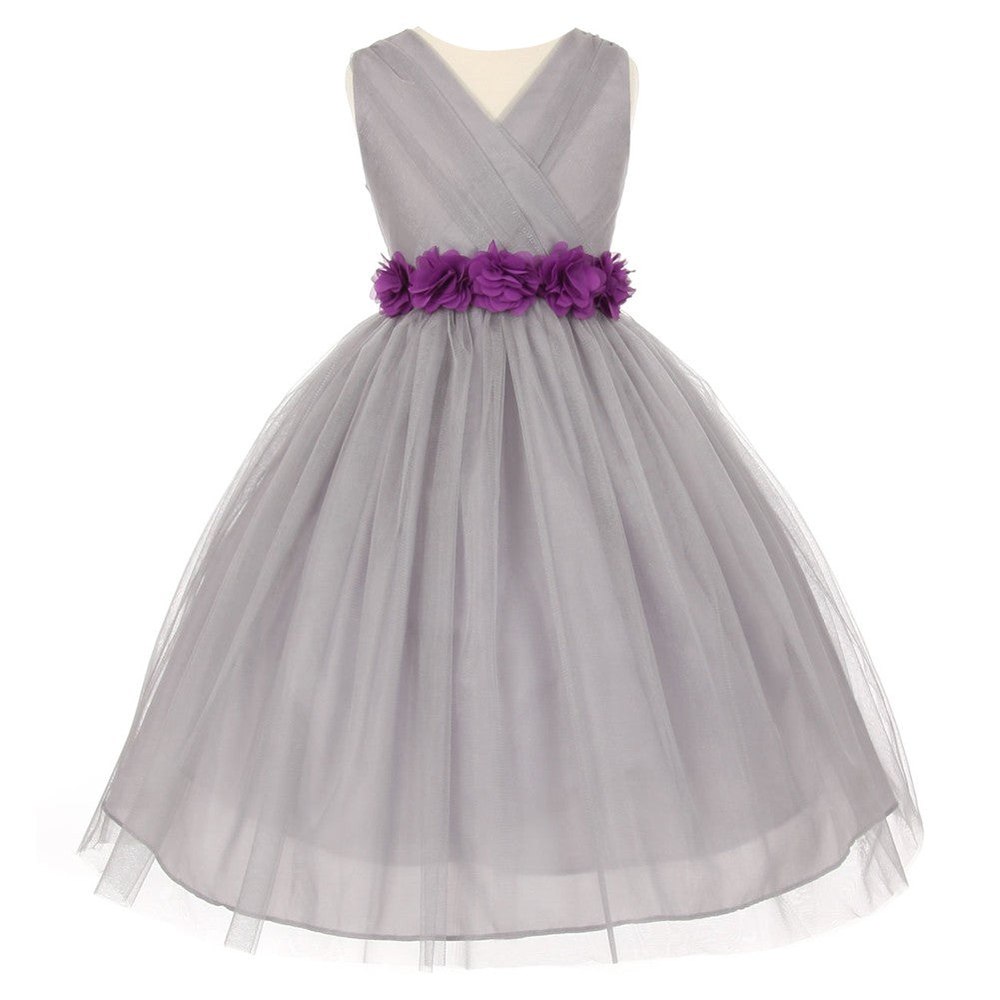 Big Girls Silver Purple Chiffon Flowers Tulle Junior Bridesmaid Dress 8-14