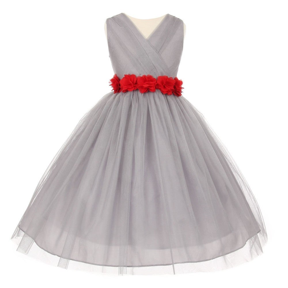 Big Girls Silver Red Chiffon Flowers Tulle Junior Bridesmaid Dress 8-14