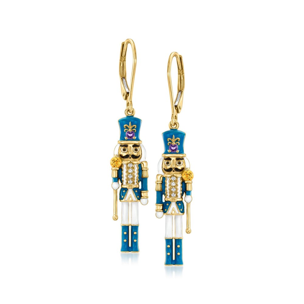 Ross-Simons Multi-Gemstone Nutcracker Drop Earrings With Multicolored Enamel in 18kt Gold Over Sterling