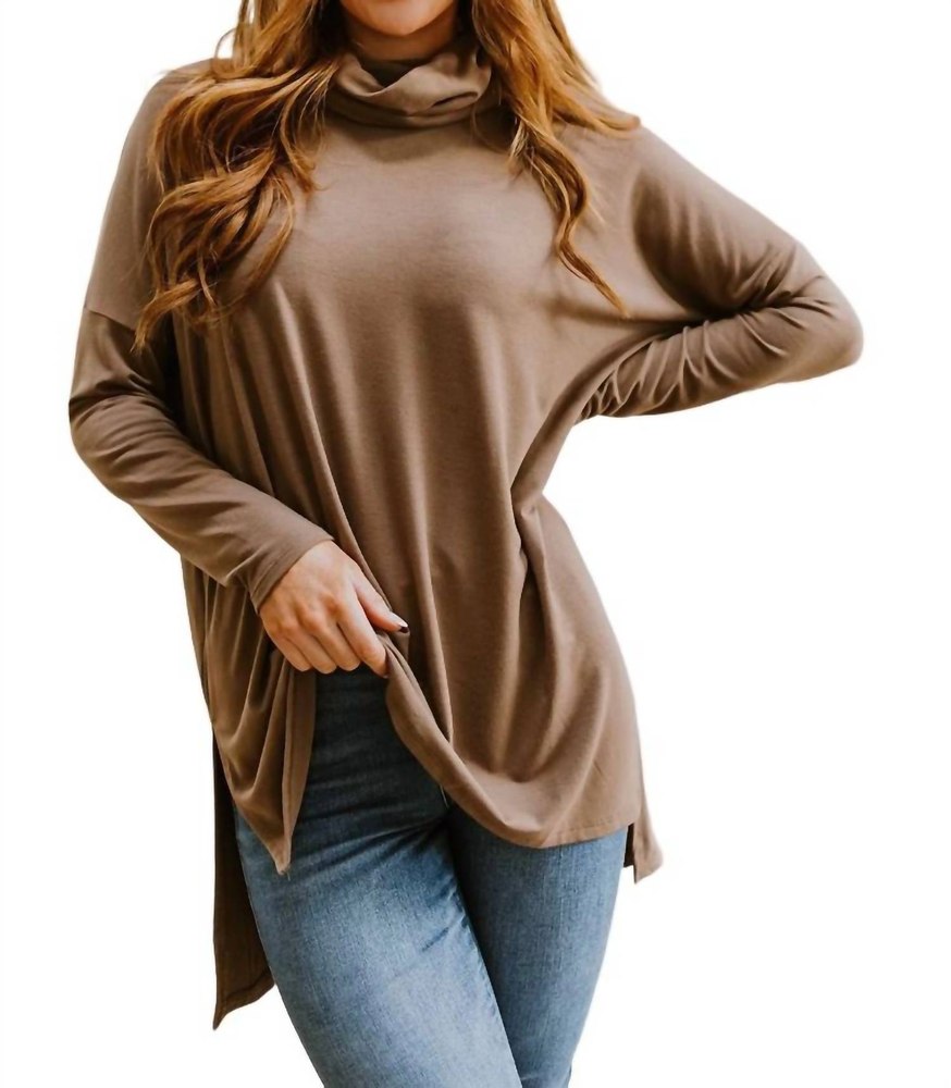 Comfort First Cowl Neck Hi-Low Long Sleeve Top In Brown 7732502462524