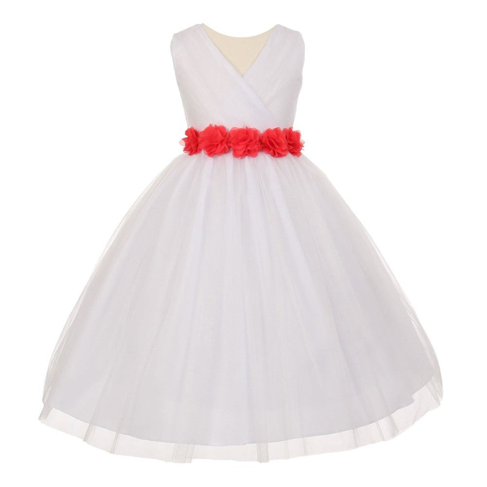Big Girls White Coral Chiffon Flowers Tulle Junior Bridesmaid Dress 8-14