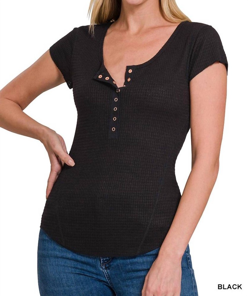Baby Waffle Cap Sleeve Henley Top In Black 7732508164156