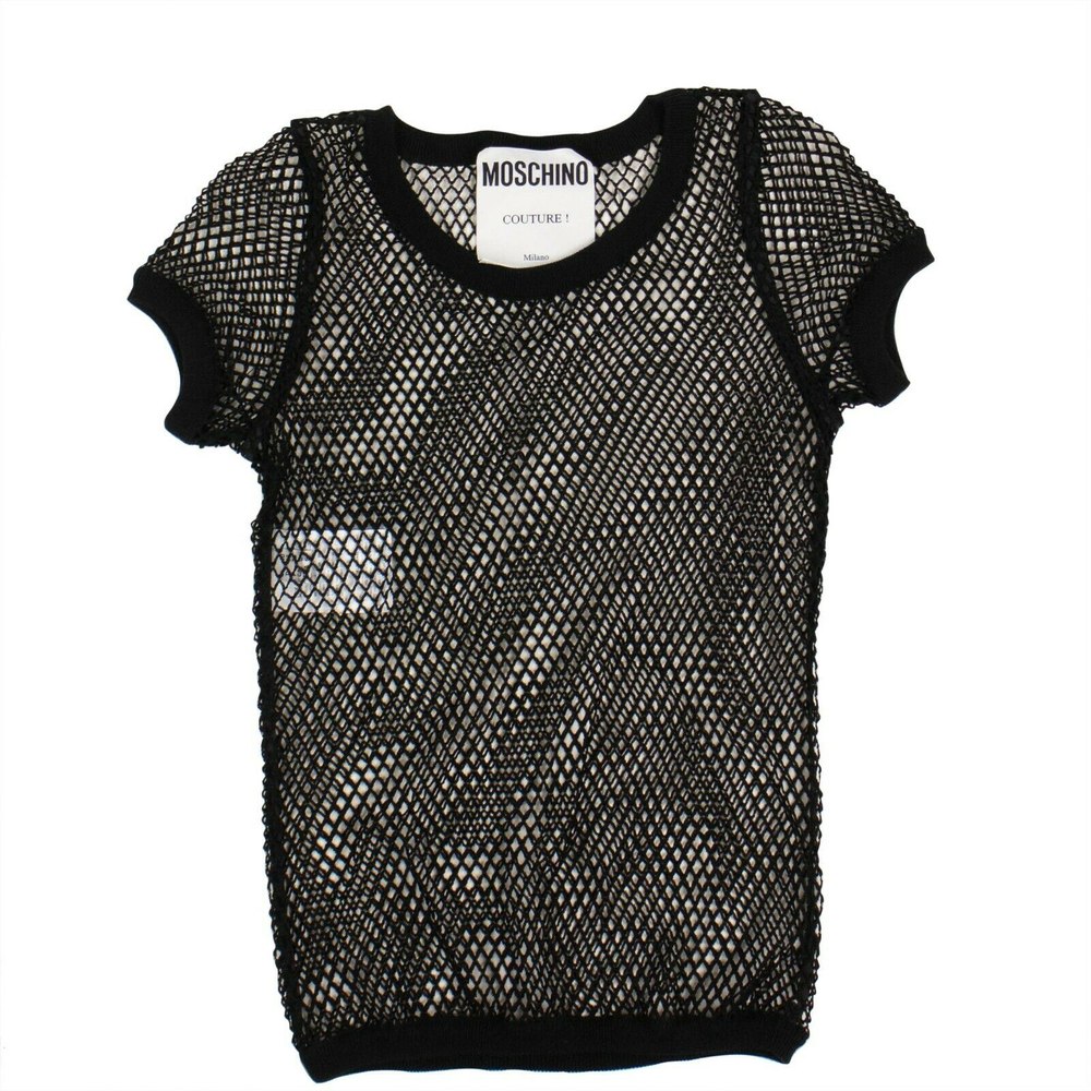 MOSCHINO Women’s Black Cotton Fishnet Short Sleeve Top