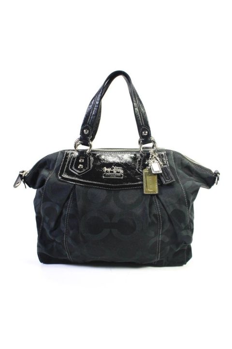 Coach Womens Black Canvas Printed Zip Leather Trim Top Handle Shoulder Handbag