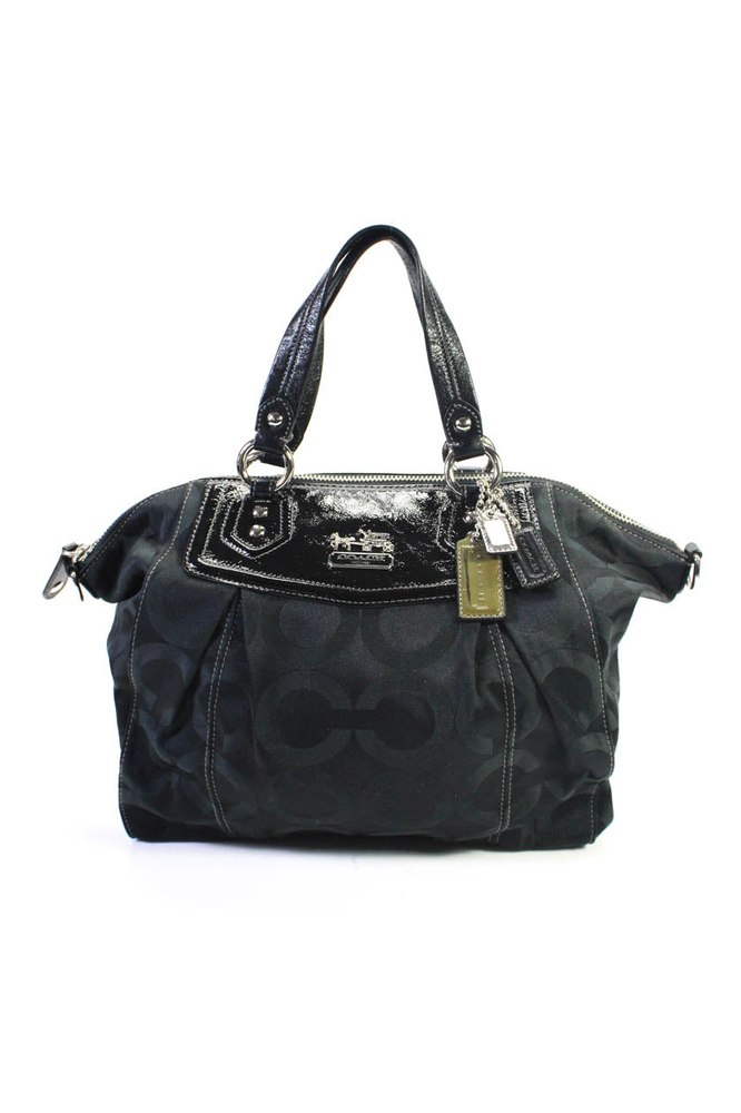 Coach Womens Black Canvas Printed Zip Leather Trim Top Handle Shoulder Handbag