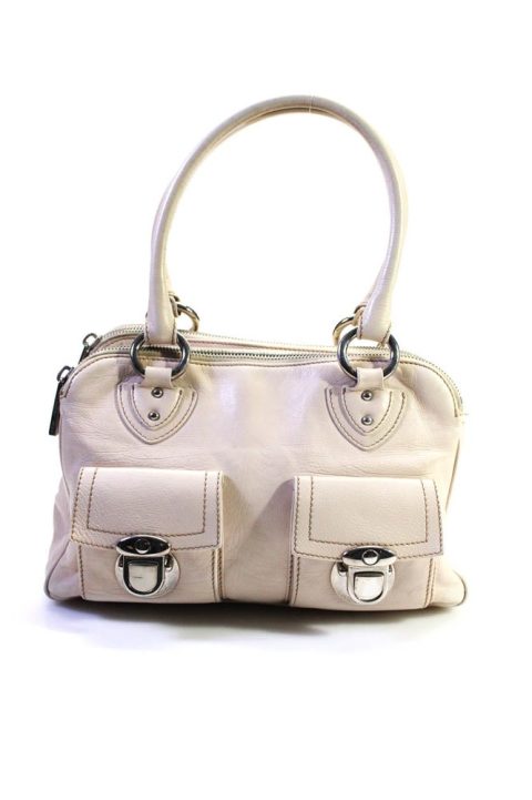 Marc Jacobs Womens Double Handle Zip Snap Top Shoulder Handbag Beige Leather