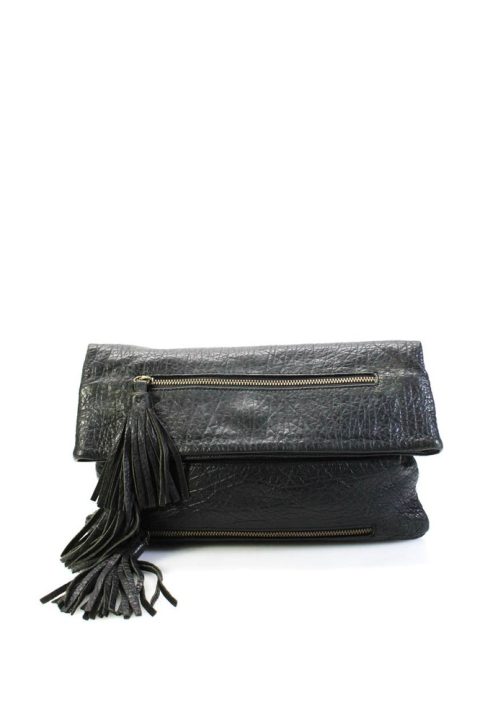 Romy Gold Womens Leather Tassel Flap Clutch Handbag Black