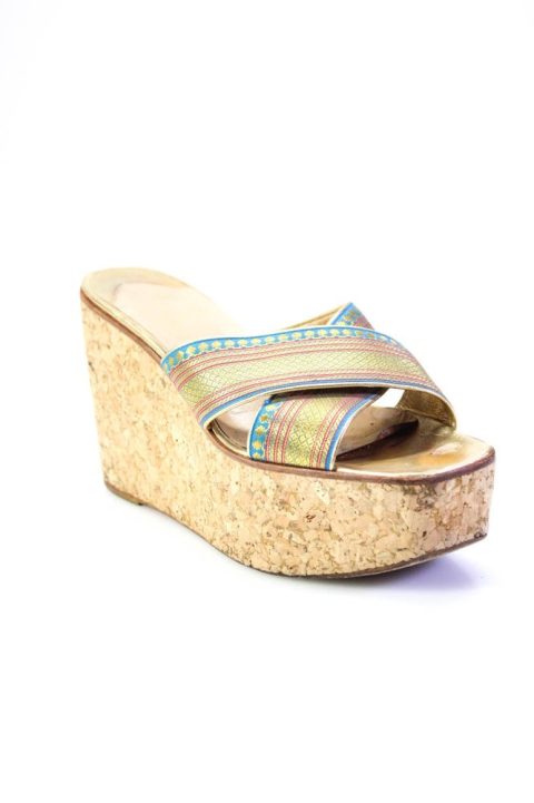 Christian Louboutin Womens Embroidered Slide On Wedge Sandals Blue