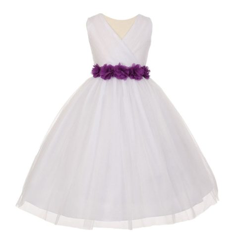 Big Girls White Purple Chiffon Flowers Tulle Junior Bridesmaid Dress 8-14