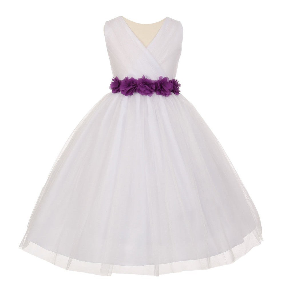 Big Girls White Purple Chiffon Flowers Tulle Junior Bridesmaid Dress 8-14