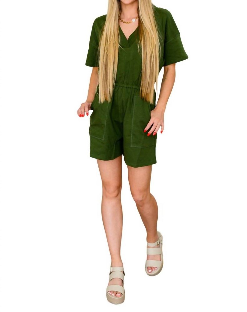 Short Sleeve V-Neck Romper In Army Green 7732517175356