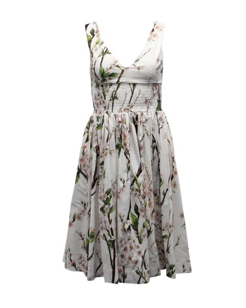 Dolce & Gabbana Floral Print Midi Dress in White Cotton