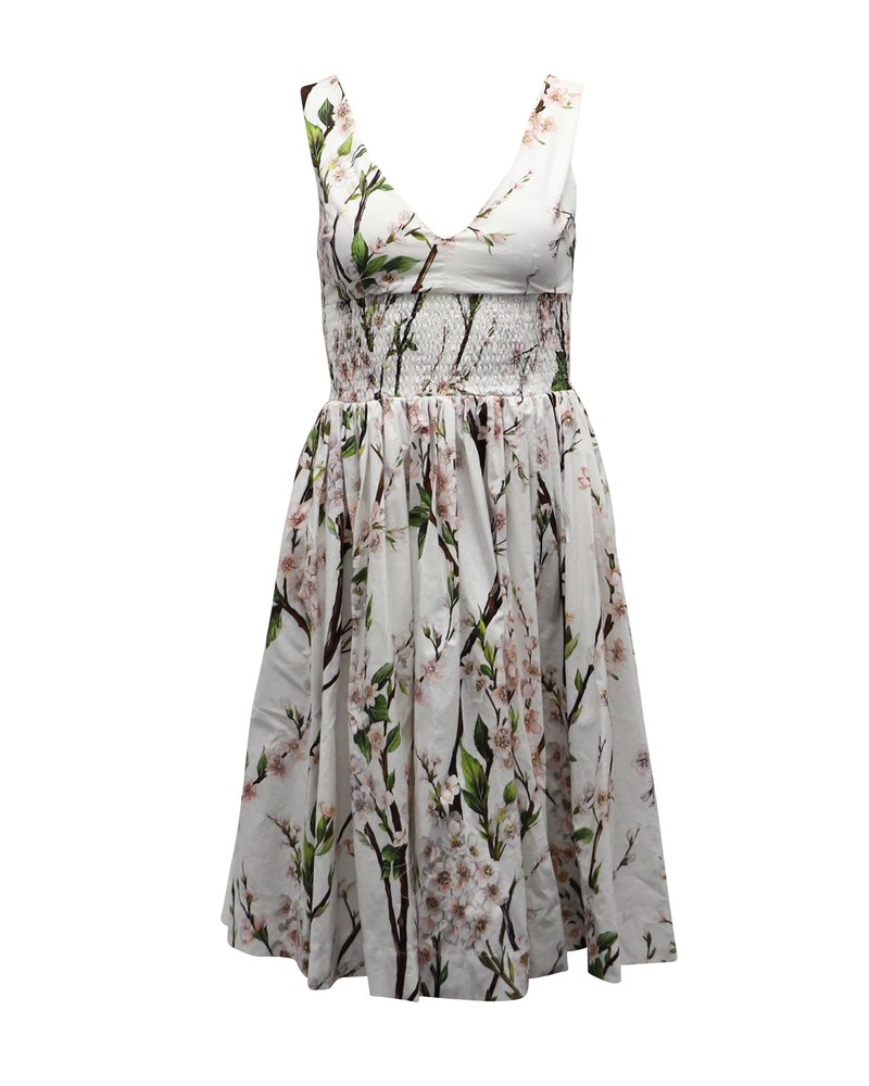 Dolce & Gabbana Floral Print Midi Dress in White Cotton