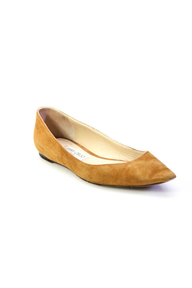 Jimmy Choo Womens Caramel Suede Leather Pointed Toe Ballet Flats Shoes