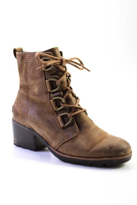 Sorel Womens Lace Up Block Heel Combat Ankle Boots Brown Suede