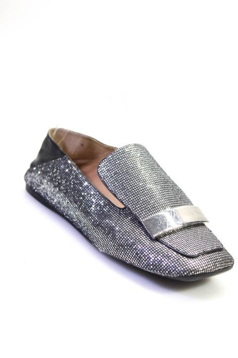 Sergio Rossi Womens Mirrored Square Toe Flat Mules Loafers Silver