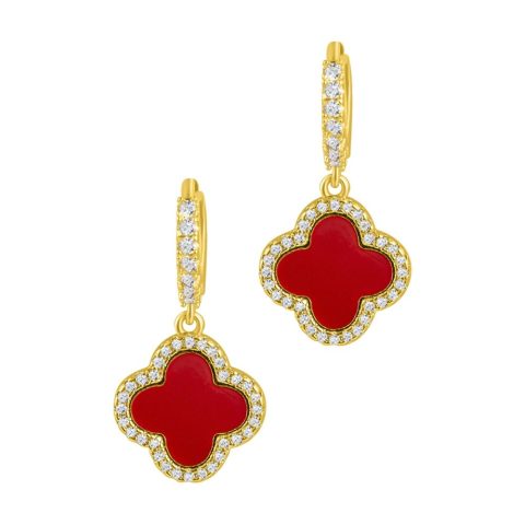 14k Gold Plated Crystal Halo Orange Clover Dangle Huggie Earrings