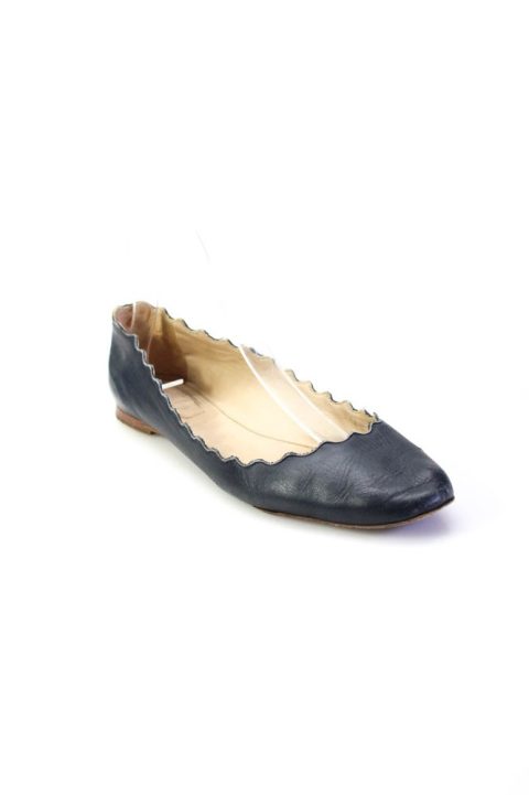 Chloe Womens Black Leather Scalloped Ballet Flats Shoes
