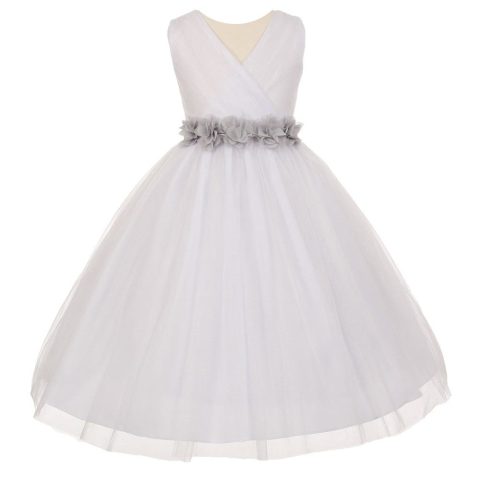 Little Girls White Silver Chiffon Floral Sash Tulle Flower Girl Dress 2-6