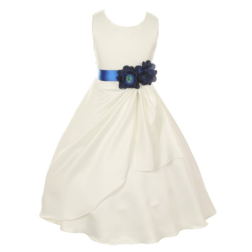 Little Girls Ivory Blue Bridal Dull Satin Sequin Flowers Occasion Dress 2-6