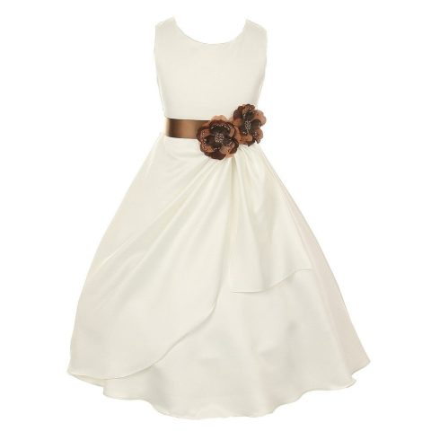 Little Girls Ivory Mocha Bridal Dull Satin Sequin Flowers Occasion Dress 2-6