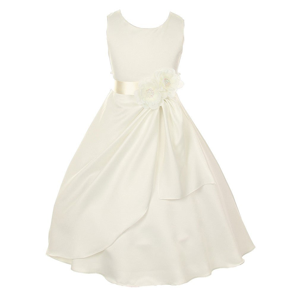 Little Girls Ivory Bridal Dull Satin Sequin Flowers Occasion Dress 2-6